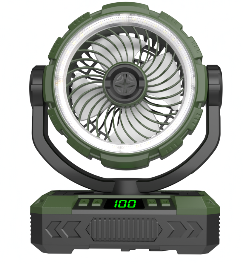 Rugged Outdoor Camping Fan with LED Lantern - High-Velocity Portable Tactical Desk Fan, Smart Digital Display & Power Bank, Heavy-Duty Rechargeable Jobsite Fan (Army Green)