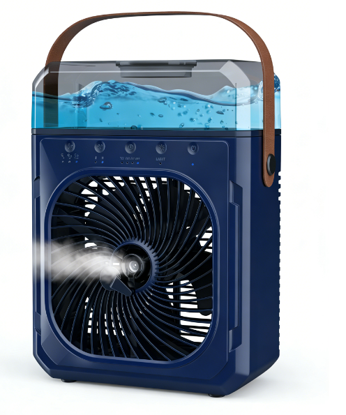 Portable Desk Misting Fan - 3-in-1 Evaporative Air Cooler with Large Visible Water Tank, Quiet Personal Table Fan with Cooling Mist, Premium Leather Handle for Office Room Home